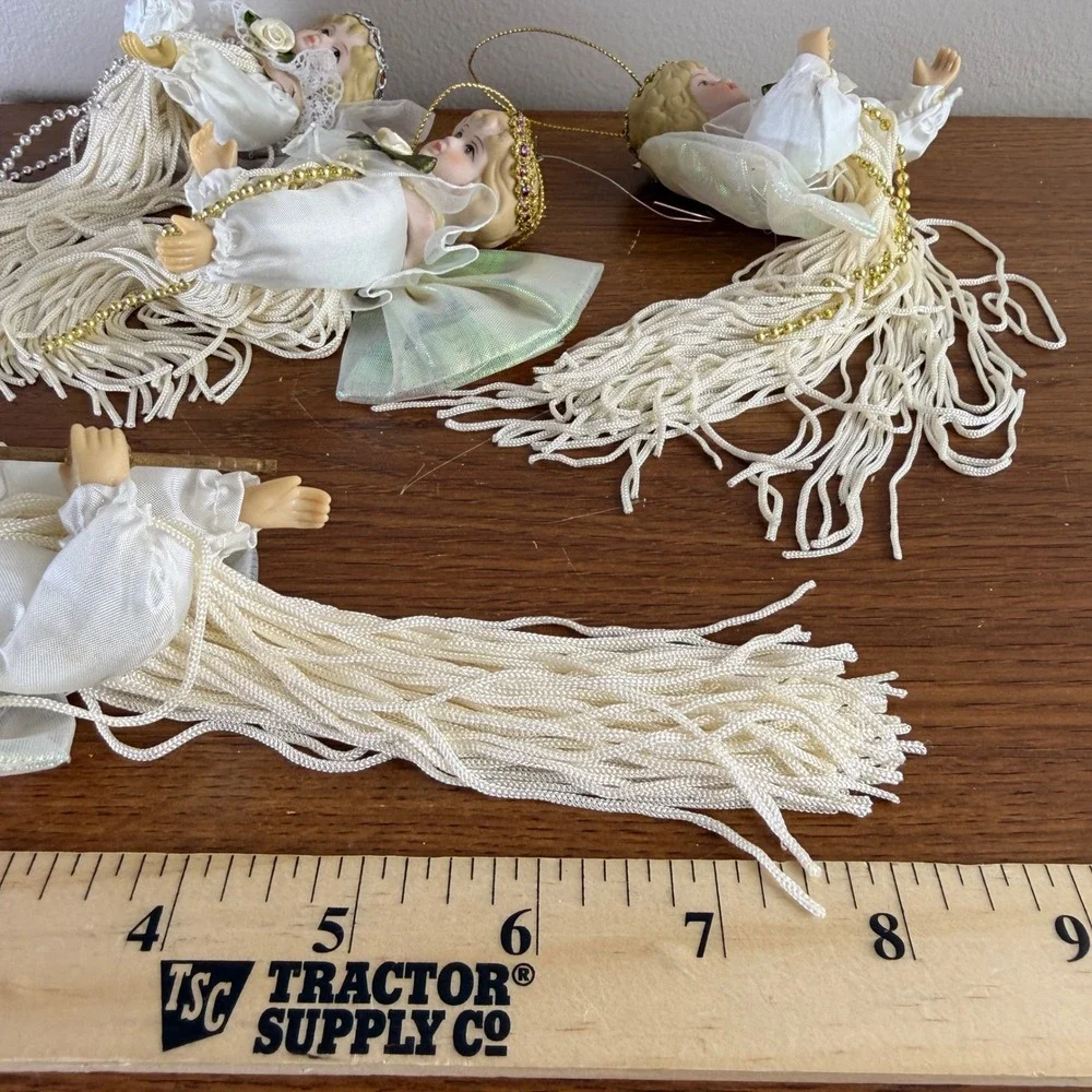 Vintage Set of 4 Porcelain Head Angel Christmas Ornaments White Tassel Star
